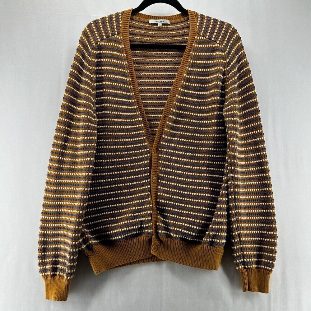 Carven Sweater Mens Sz L Button Up Knitted Cardigan Motif Stripe Brown Multi